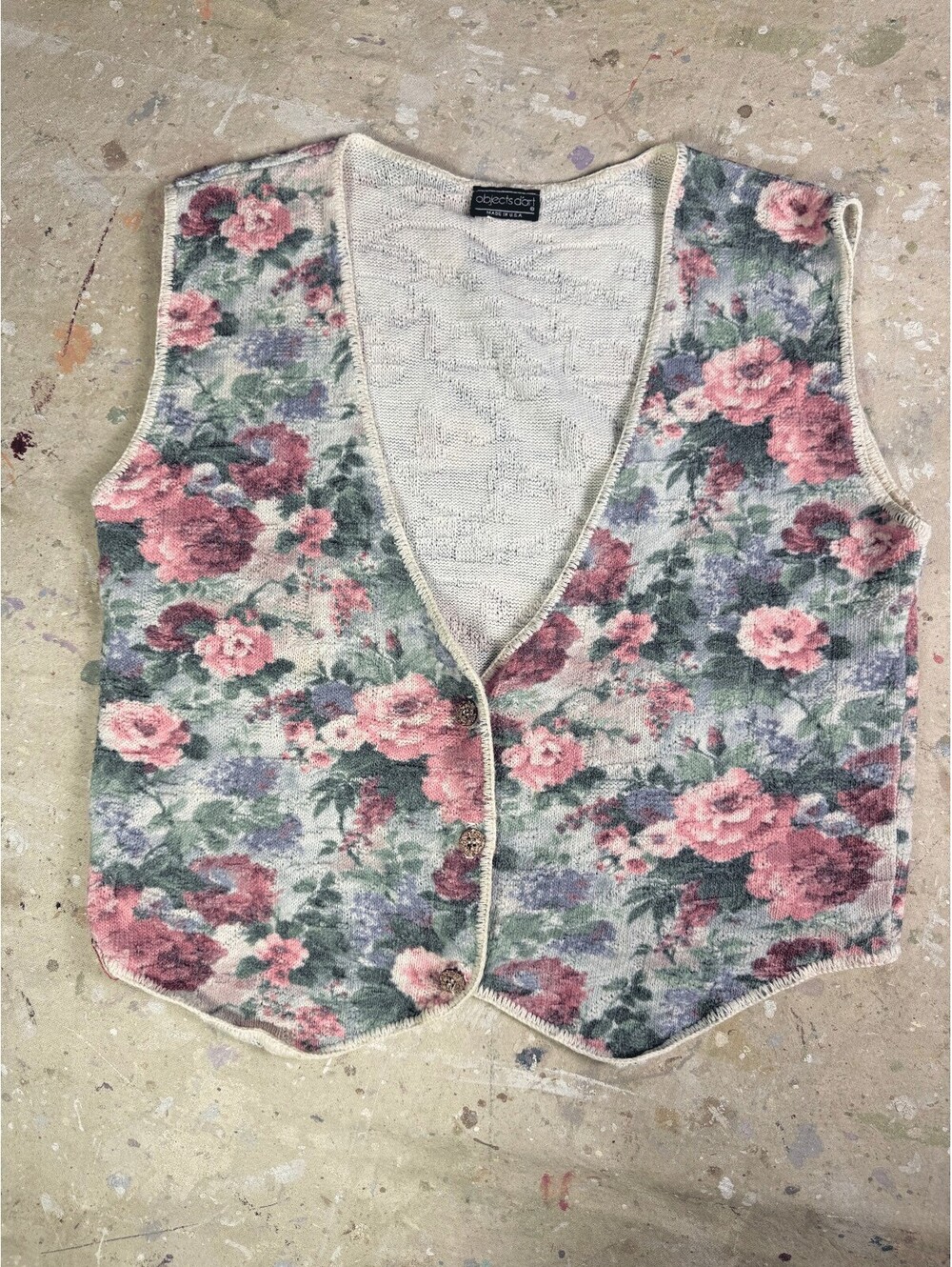 Vintage 90s Objects d'Art Floral Knit Waistcoat Vest S USA